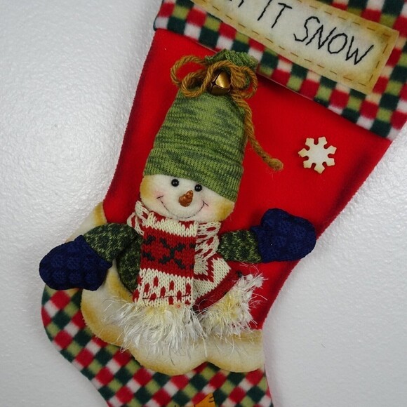 💰3/$25 Snowman 3D Christmas Stocking Holidays Decor Bell Red Green 18" - Picture 3 of 8